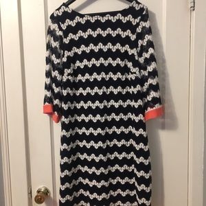 Beautiful blue and white dress with coral trim! .
